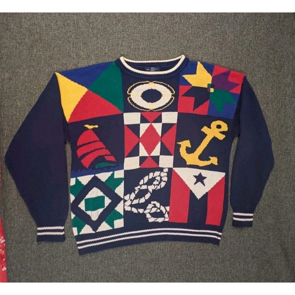 Vintage Gant Boat Sea Themed Graphic Sweater 100% Cotton Knit Pullover Size XL